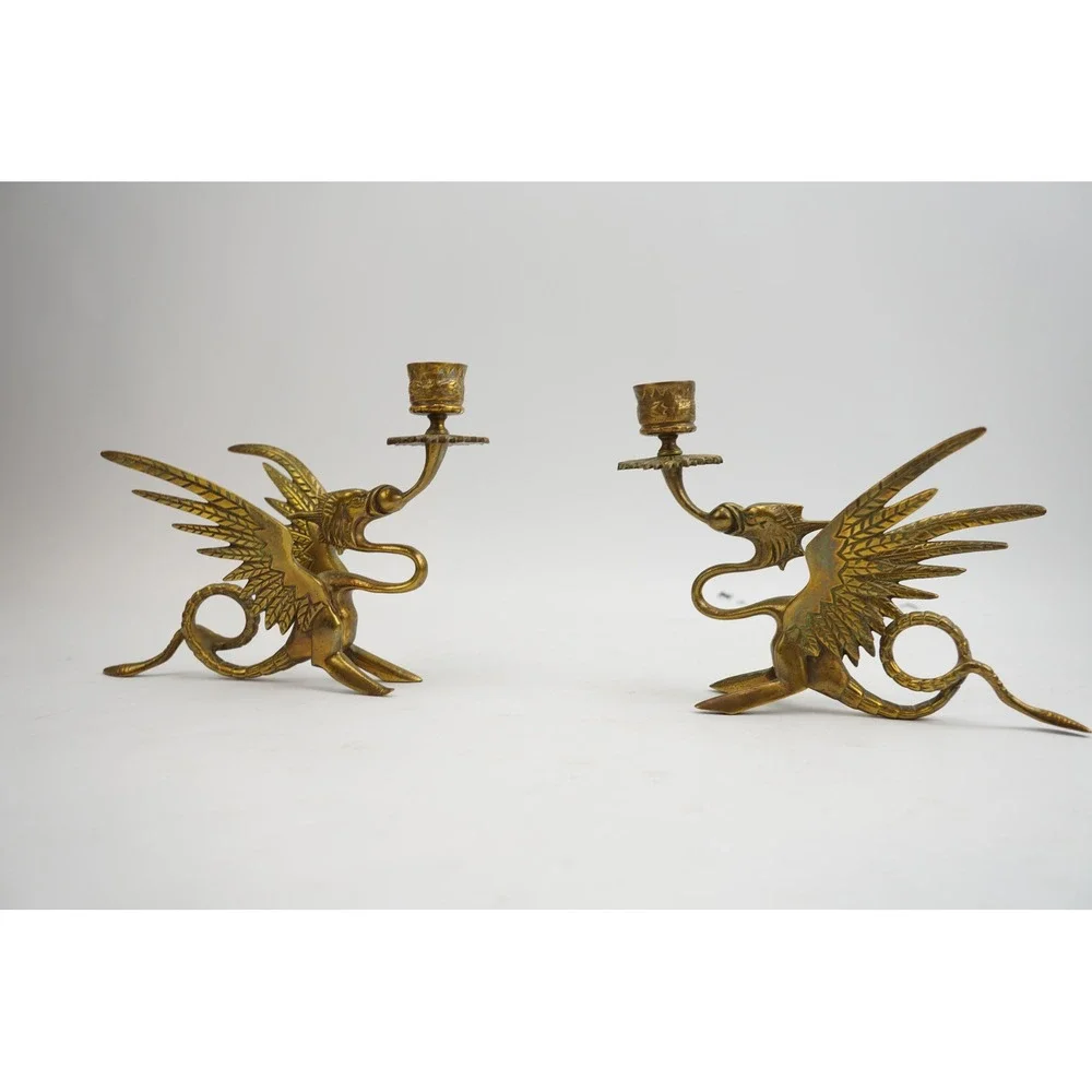 Vintage Brass Dragon Griffin Candle Holders Pair Mythical Winged Figures Good